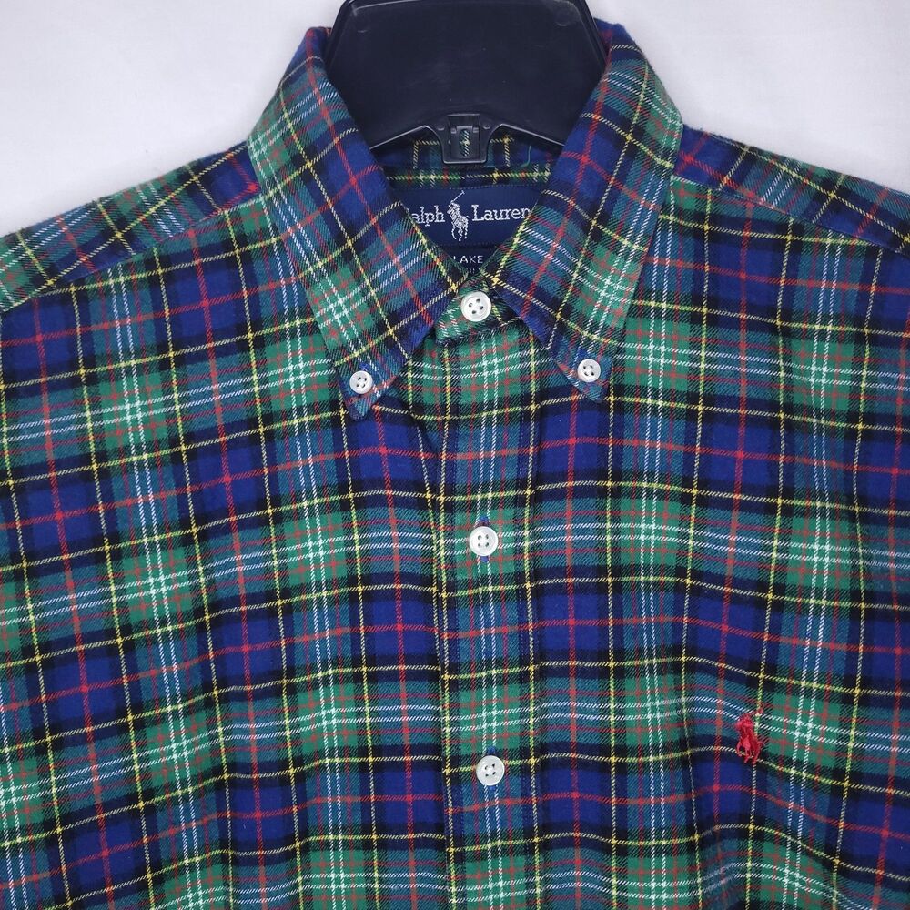 Ralph Lauren Flannel Shirt Mens Small Plaid Blue, Green Blake Cotton